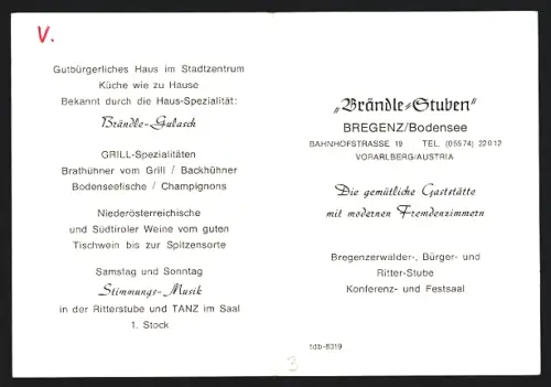 Vertreterkarte Bregenz /Bodensee, Gasthaus Brändle-Stuben, Bahnhofstrasse 19, Festsaal und Bürger-Stube