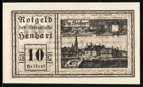 Notgeld Henhart 1920, 10 Heller, Ortsansicht mit Kirche und Gebäuden