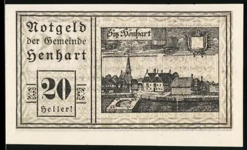 Notgeld Höhnhart 1920, 20 Heller, Dorfszene mit Kirche und Wappen