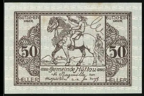 Notgeld Hüttau 1920, 50 Heller, Reiterdarstellung mit Hund und Landschaft im Hintergrund