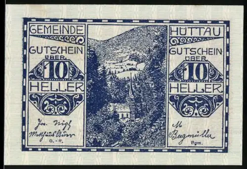 Notgeld Hüttau 1920, 10 Heller, Berglandschaft mit Ortsansicht