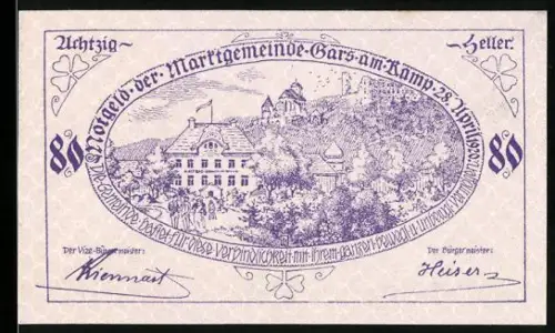 Notgeld Gars am Kamp 1920, 80 Heller, Landschaft mit Burg und Gebäuden