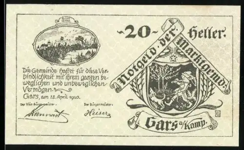 Notgeld Gars a. Kamp 1920, 20 Heller, Wappen mit Löwe und Burgansicht