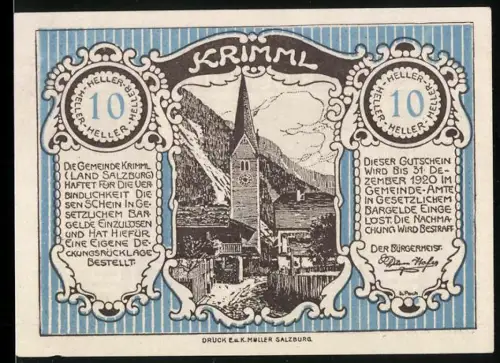 Notgeld Krimml 1920, 10 Heller, Kirche und Berglandschaft im Tal, Wasserfall-Motiv