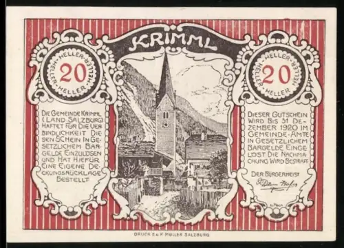 Notgeld Krimml 1920, 20 Heller, Kirche mit Alpenlandschaft und Bergdorfansicht