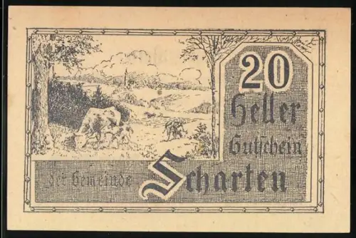 Notgeld Scharten 1920, 20 Heller, Landschaft mit Bäumen und Weiden