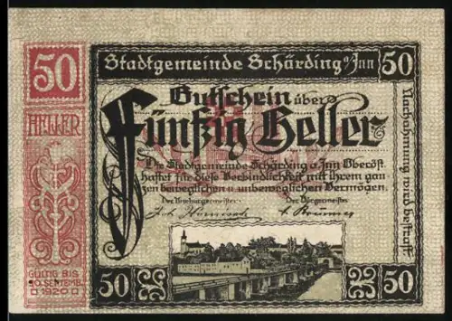 Notgeld Schärding a. Inn 1920, 50 Heller, Ortsansicht und Wappen, Schachbrettmuster
