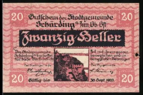 Notgeld Schärding a. Inn 1920, 20 Heller, Stadtmotiv und Wappen