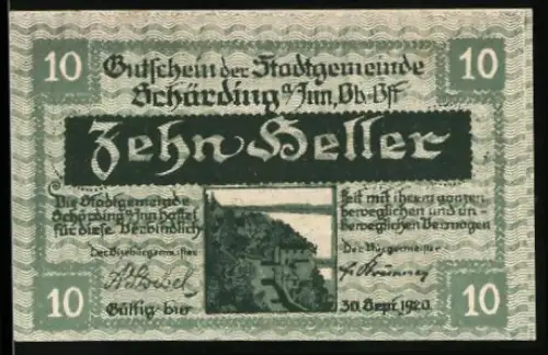 Notgeld Schärding a. Inn 1920, 10 Heller, Landschaft und Wappen