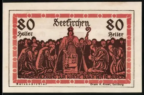 Notgeld Seekirchen 1920, 80 Heller, Grundsteinlegung zur Kirche durch den Hl. Rupert