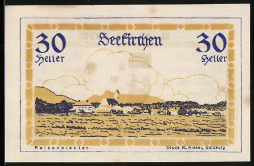 Notgeld Seekirchen 1920, 30 Heller, Landschaft mit Ort und Wappen