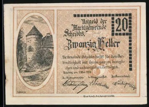 Notgeld Scheibbs 1920, 20 Heller, Turm und Schlossansicht