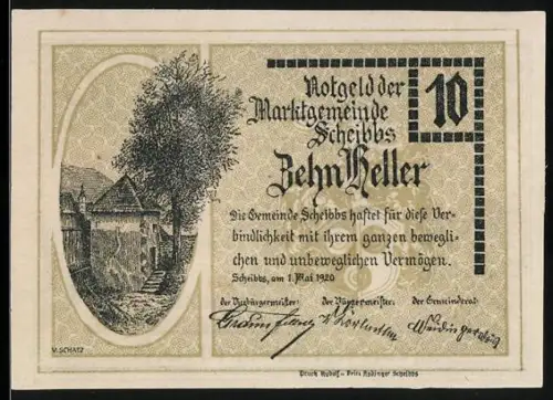 Notgeld Scheibbs 1920, 10 Heller, Landschaftsmotive mit Turm und Kirche