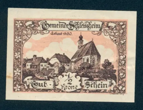 Notgeld Schleissheim 1920, 2 Krone, Kirche erbaut 1450 und Ortsansicht
