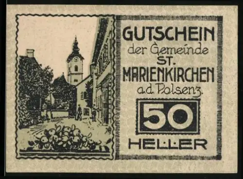Notgeld St. Marienkirchen a.d. Polsenz 1920, 50 Heller, Ortsansicht mit Kirchturm