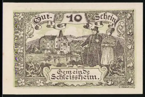 Notgeld Schleissheim 1920, 10, Schloss und Paar in Tracht