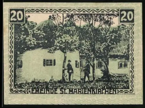 Notgeld St. Marienkirchen a.d. Polsenz, 20 Heller, ländliche Szene mit Häusern und Bäumen