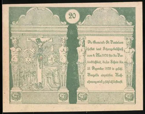Notgeld St. Pantaleon 1920, 20 Heller, Kruzifix und Gebäude mit Wappen und floralen Verzierungen