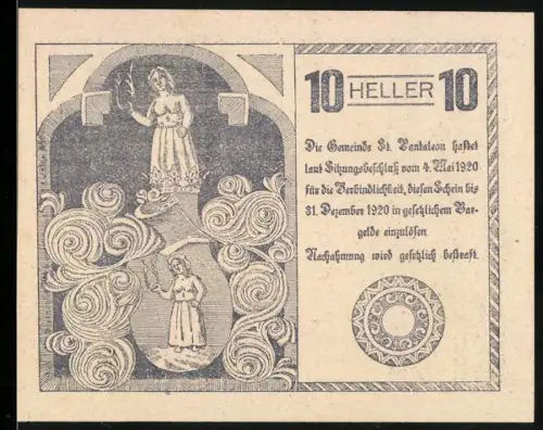 Notgeld St. Pantaleon 1920, 10 Heller, Frauenfiguren und Wappen mit Harnisch
