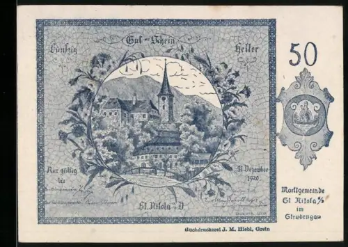 Notgeld St. Nikola a. d. D. 1920, 50 Heller, Dorfszene mit Kirche und Wappen