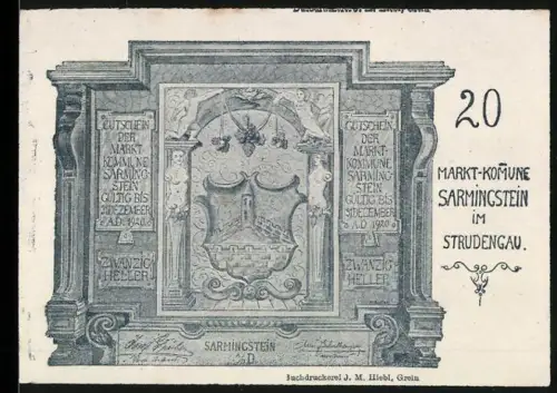 Notgeld Sarmingstein im Strudengau, 20 Heller, Wappen mit Landschaft und Ornamenten