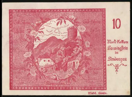 Notgeld Sarmingstein im Strudengau, 10 Heller, Landschaft mit Burg und Häusern