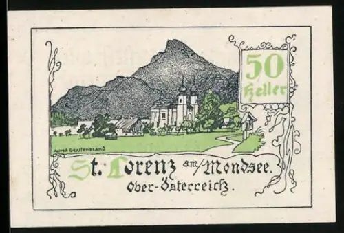 Notgeld St. Lorenz am Mondsee 1920, 50 Heller, Landschaft mit Kirche und Berg