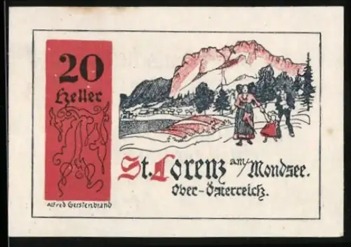 Notgeld St. Lorenz am Mondsee 1920, 20 Heller, Landschaft mit Familie und Bergen