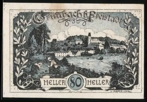 Notgeld Grünbach b. Freistadt, 80 Heller, Dorflandschaft mit Burg und Bauern bei der Ernte