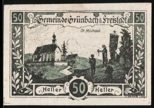 Notgeld Grünbach b. Freistadt 1920, 50 Heller, Kirche St. Michael und Bannerträger