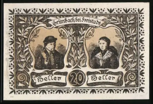 Notgeld Grünbach bei Freistadt 1920, 20 Heller, Porträts zweier Personen umrahmt von Blättermotiven