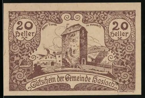 Notgeld Haslach 1920, 20 Heller, Alter Turm in Haslach