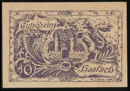 Notgeld Haslach 1920, 10 Heller, Löwe und Burgmotiv