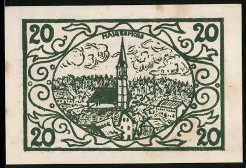 Notgeld Haigermoos 1920, 20 Heller, Ortsansicht mit Kirchturm und dekorativen Ornamenten