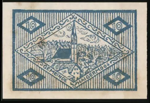 Notgeld Haigermoos 1920, 10 Heller, Kirche und Dorflandschaft