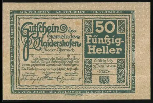 Notgeld Haidershofen /Nieder-Österreich 1920, 50 Heller, Kirche und Landschaftsmotiv
