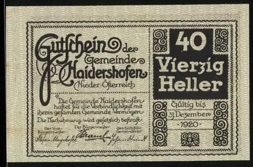 Notgeld Haidershofen /Nieder-Österreich 1920, 40 Heller, Landschaft mit Kirche und Boot auf dem Fluss