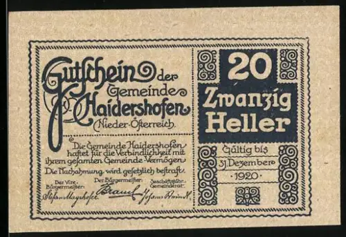 Notgeld Haidershofen /N.-Öst. 1920, 20 Heller, Landschaft mit Gebäude und Waldszene