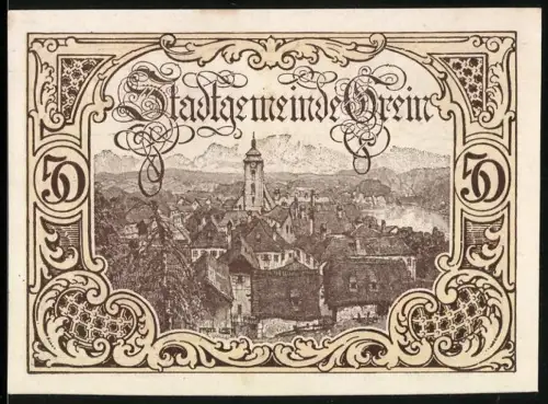 Notgeld Grein 1920, 50 Heller, Ortsansicht mit Turm und Bergen im Hintergrund