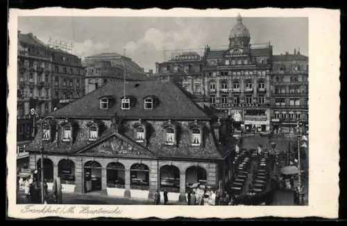 AK Frankfurt /M., Hauptwache, im Hintergrund Bürgerkeller, -Fahne