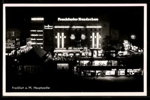AK Frankfurt a. M., Hauptwache bei Nacht, Gebäude der Frankfurter Rundschau