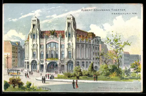Lithographie Frankfurt /Main, Albert Schumann Theater, Strassenbahn