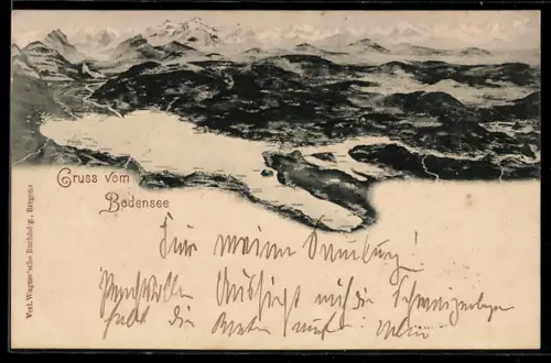 AK Bodensee, Blick auf den Bodensee aus der Vogelschau mit Bergpanorama im Hintergrund