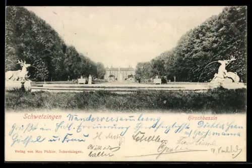 AK Schwetzingen, Hirschbassin mit Hirsch-Figurengruppen