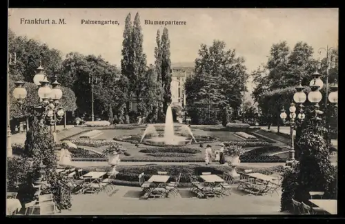 AK Frankfurt-Westend, Palmengarten mit Blumenparterre und Springbrunnen