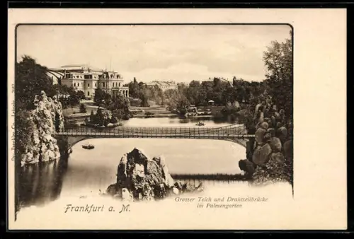 AK Frankfurt-Westend, Grosser Teich und Drahtseilbrücke im Palmengarten