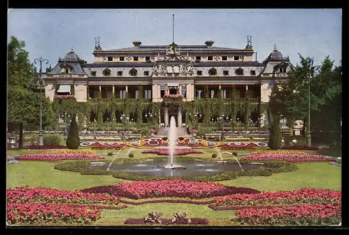 AK Frankfurt-Westend, Palmengarten, Blumenparterre mit Böschungsbeet und Gesellschafts-Haus