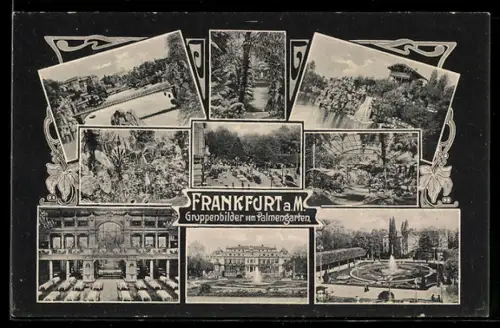 AK Frankfurt-Westend, Palmengarten, Gesellschaftshaus, Fontäne, Blumenparterre