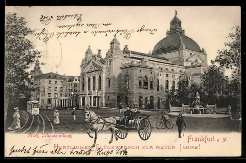 AK Frankfurt a. M., Neues Schauspielhaus mit Strassenbahn und Pferdewagen