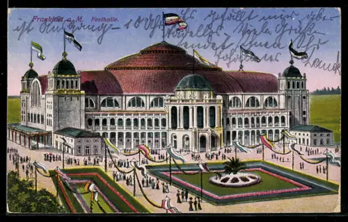 AK Frankfurt-Westend, Festhalle mit Grünanlage und Fahnen